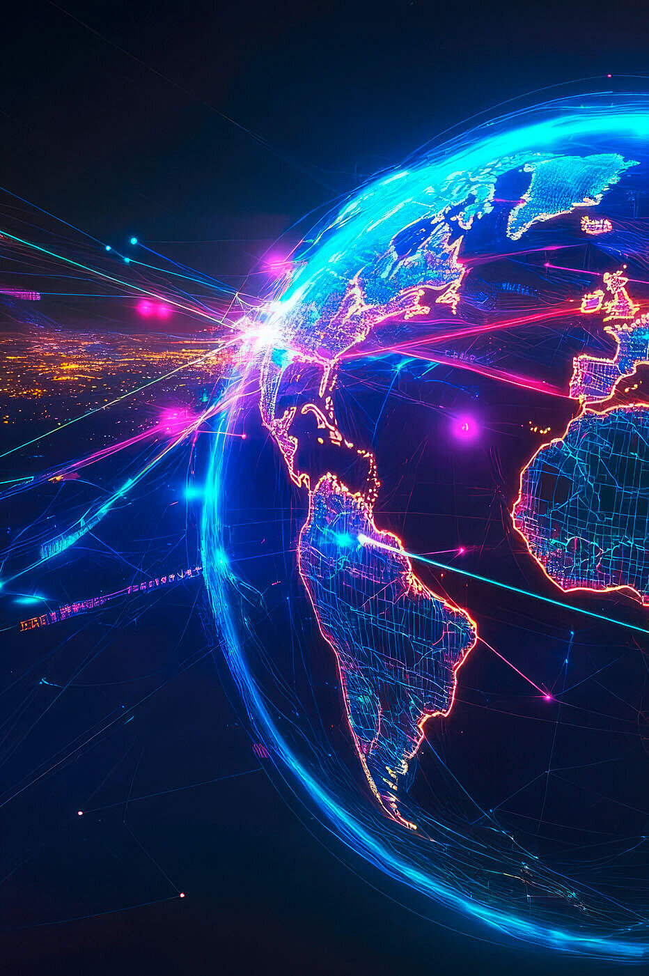 Weltweit vernetzt – internationale Messebauprojekte der Bässler GmbH Digitale Weltkarte mit leuchtenden Verbindungslinien – Symbol für internationale Messeaktivitäten